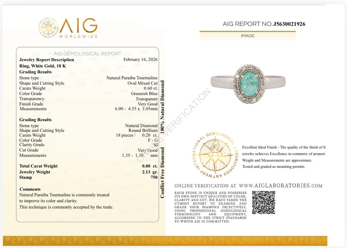 Anello Tourmaline Paraiba Neon blue Natural e diamanti Oro bianco 18k