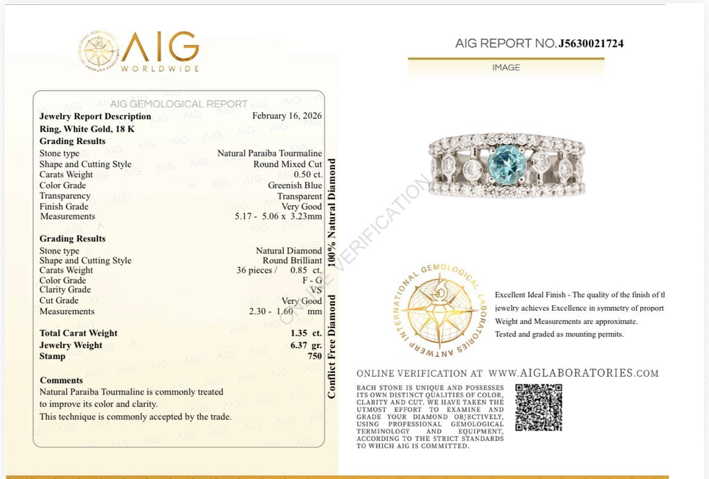 Anello Tourmaline Paraiba Natural neon blue, diamanti, Oro bianco 18k Certificati Italiani
