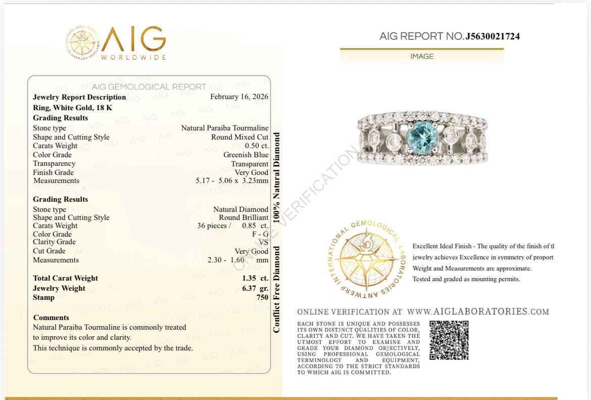 Anello Tourmaline Paraiba Natural neon blue, diamanti, Oro bianco 18k Certificati Italiani