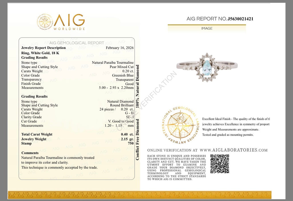 Anello Tourmaline Paraiba blue, oro bianco 18k e diamanti naturali certificati italiani