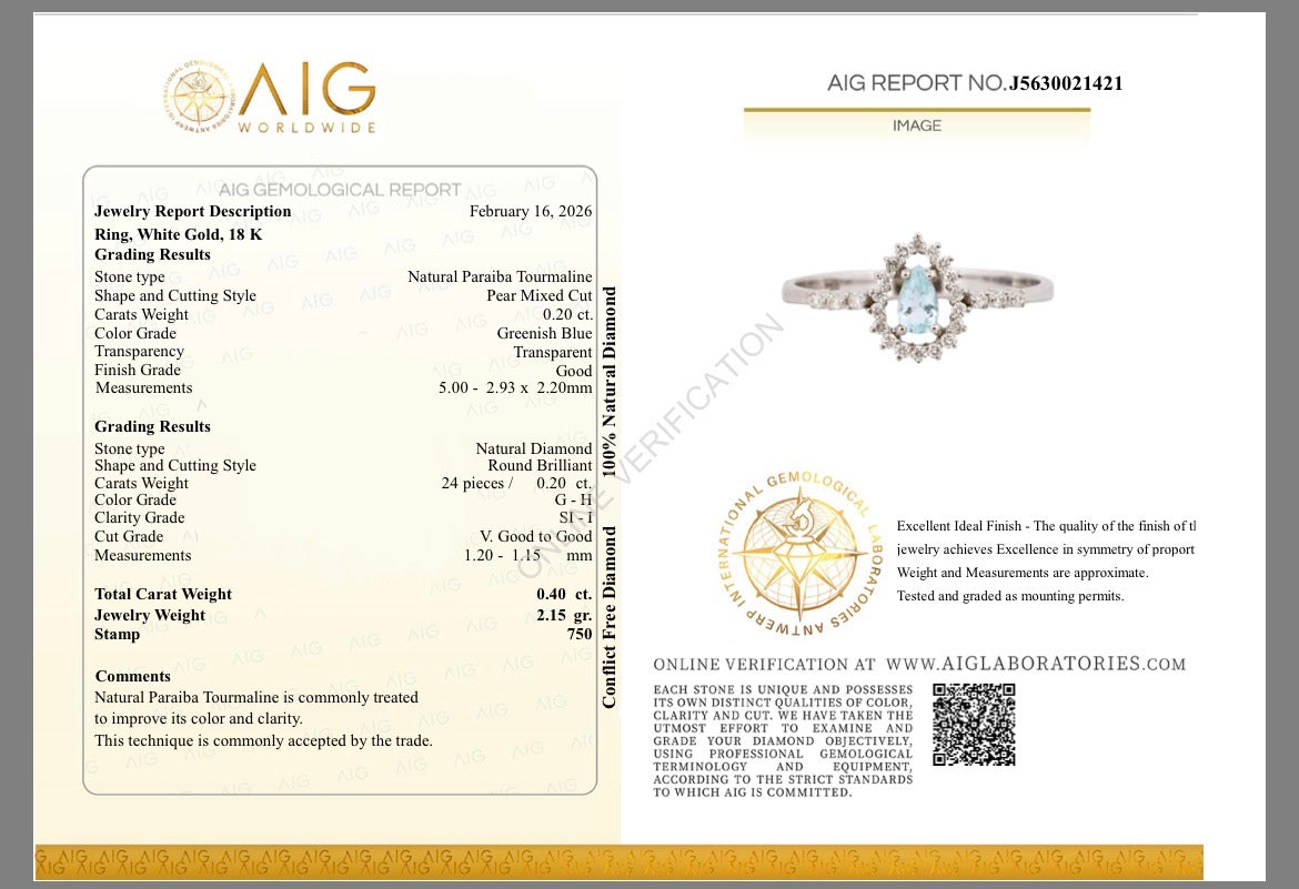 Anello Tourmaline Paraiba blue, oro bianco 18k e diamanti naturali certificati italiani