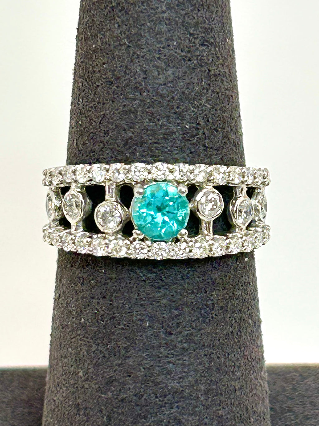 Anello Tourmaline Paraiba Natural neon blue, diamanti, Oro bianco 18k Certificati Italiani