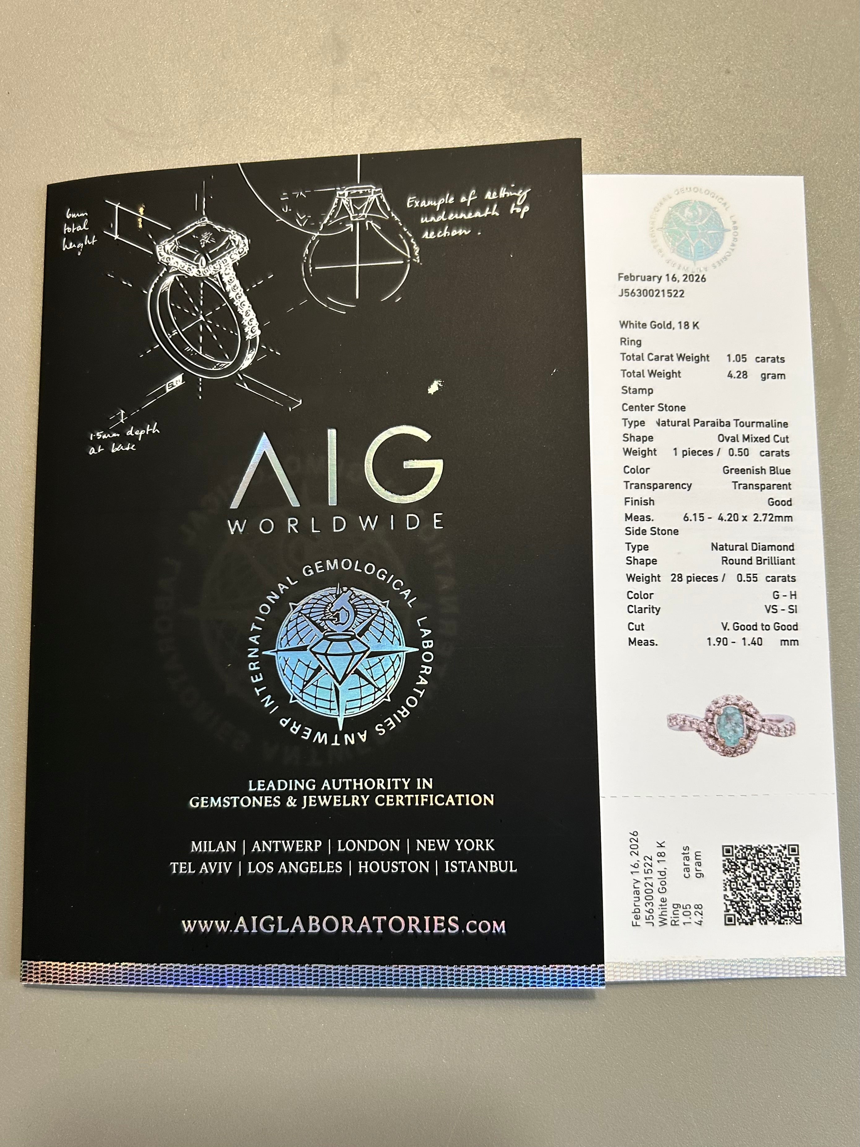 Anello Tourmaline Paraiba neon blue, diamanti naturali oro bianco 18k Certificati Italiani